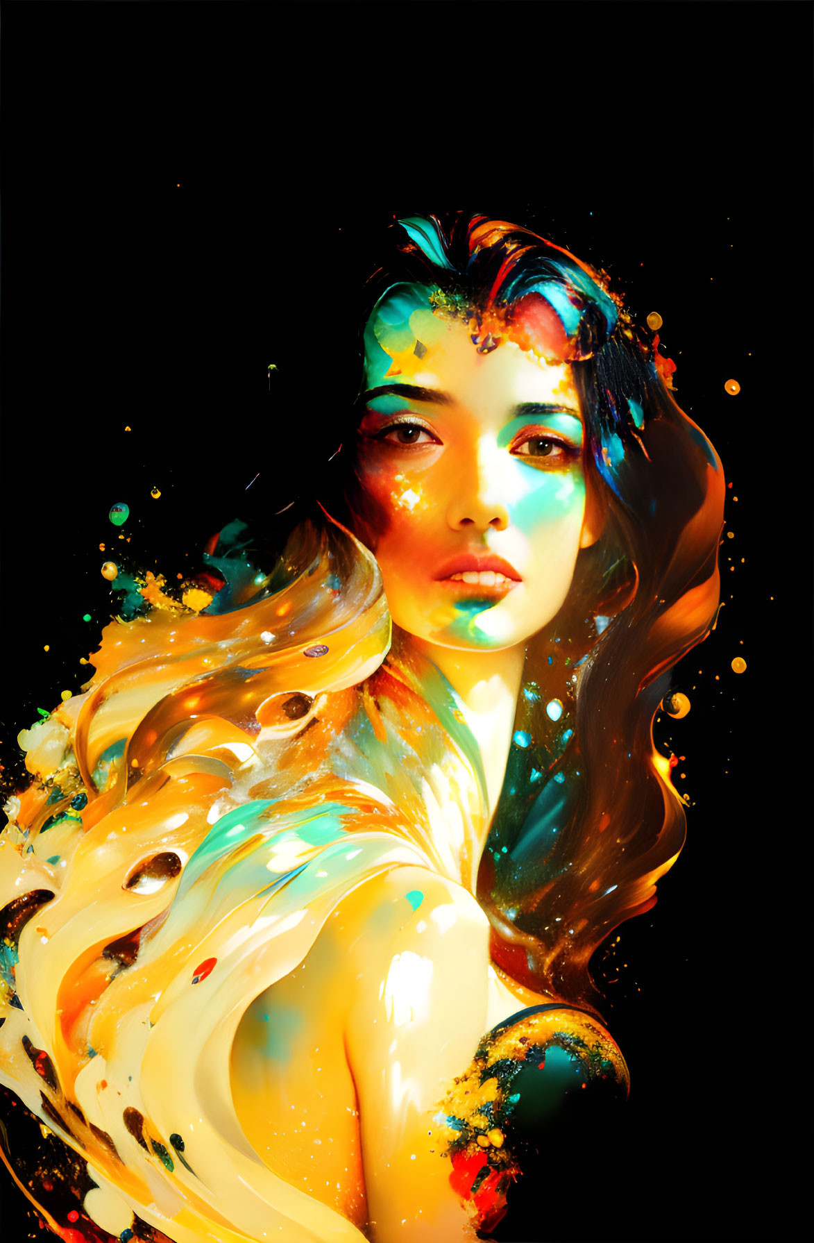 Colorful abstract portrait of a woman with flowing hair on dark background