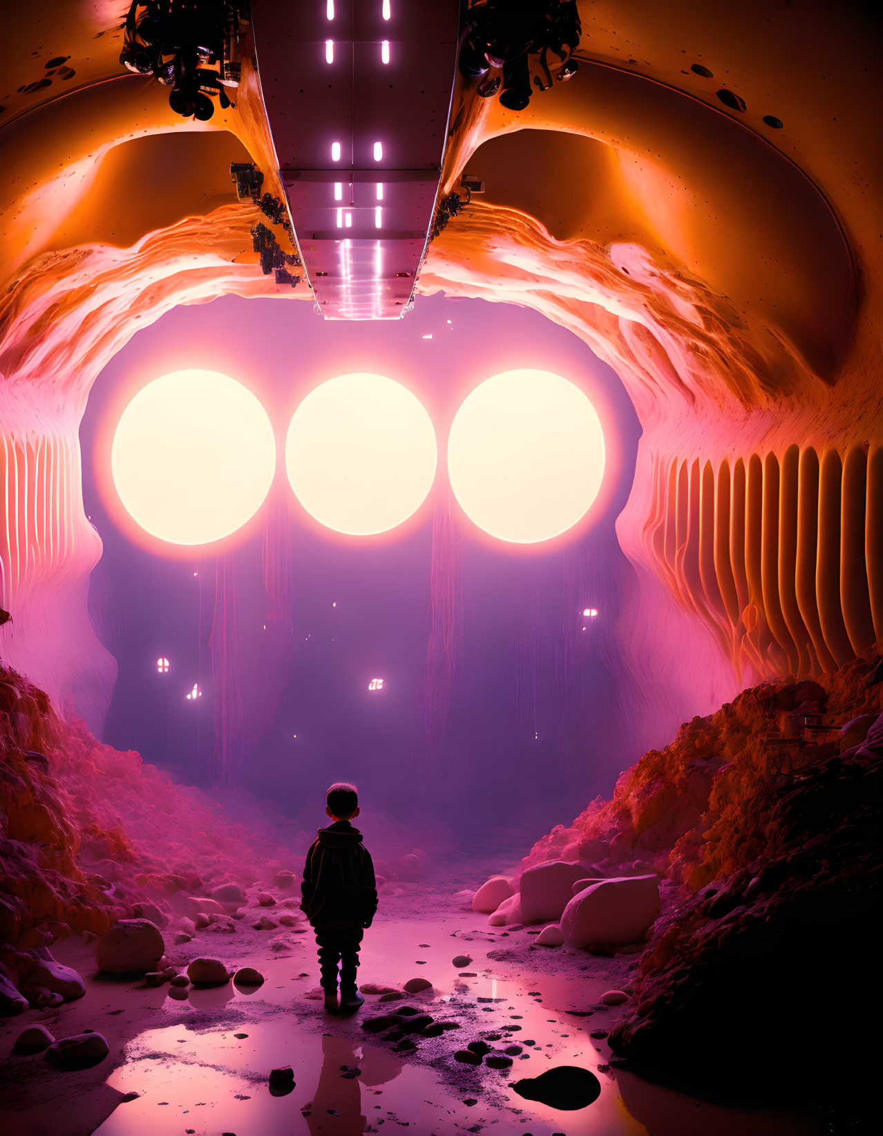 Surreal cave tunnel with glowing orbs in pink and orange hues