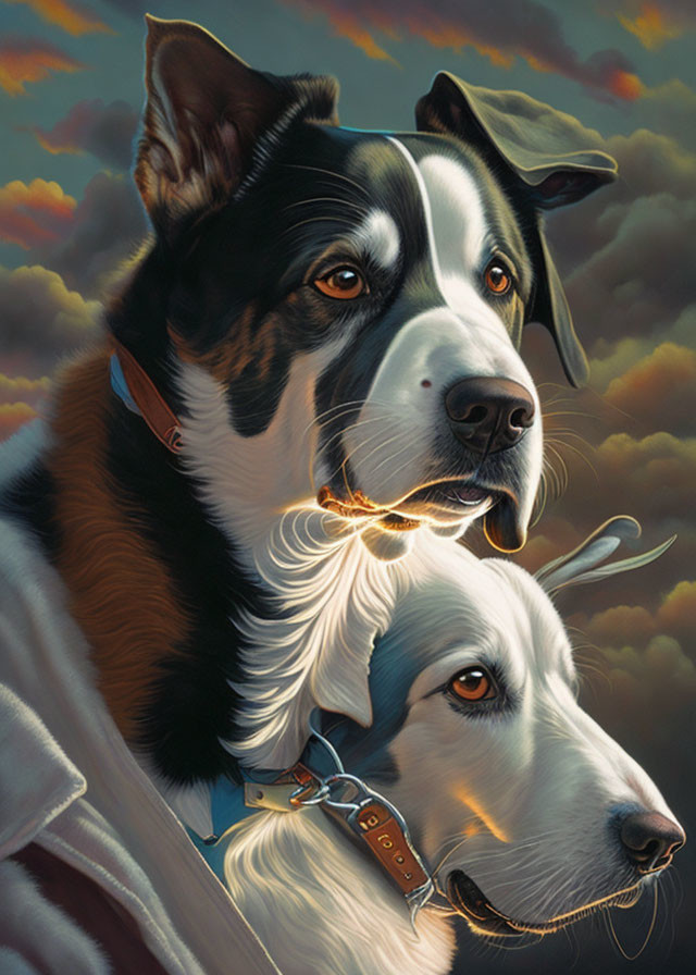 Digital painting: Two dogs with collars, dramatic sky background