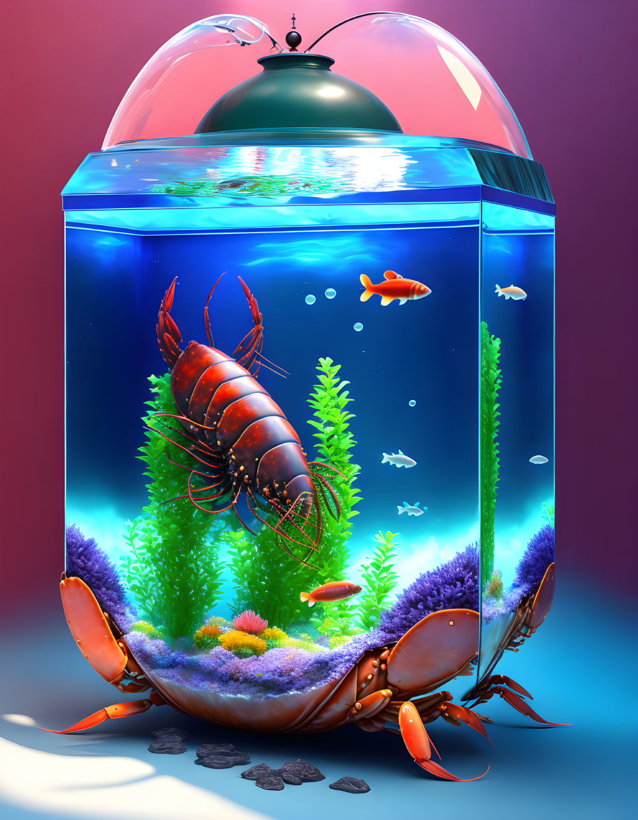 Colorful Digital Illustration of Lobster and Fish Tank