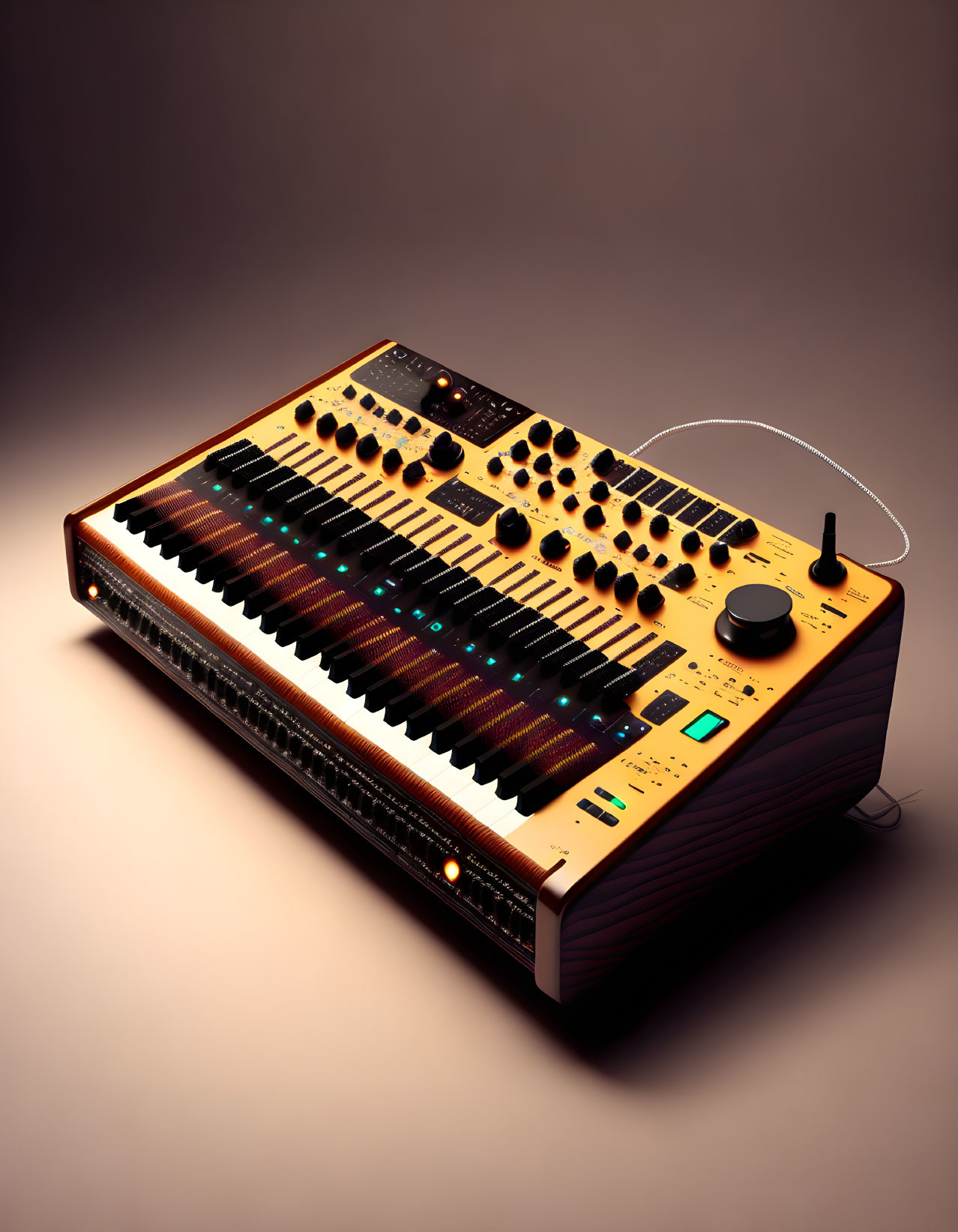 Analog Synthesizer with Keyboard, Knobs, and Sliders on Amber Gradient