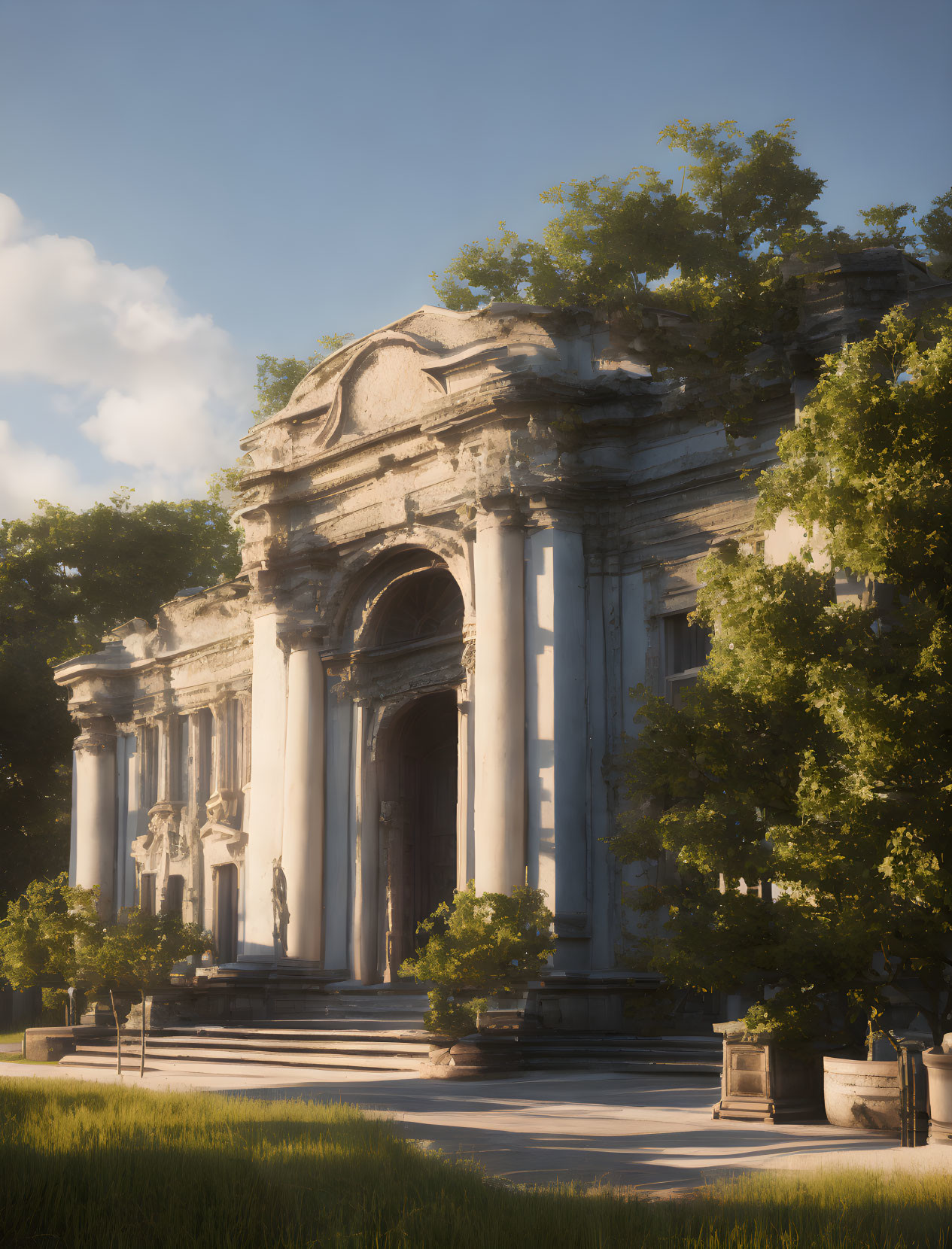 Classical building with columns and dome in lush green surroundings