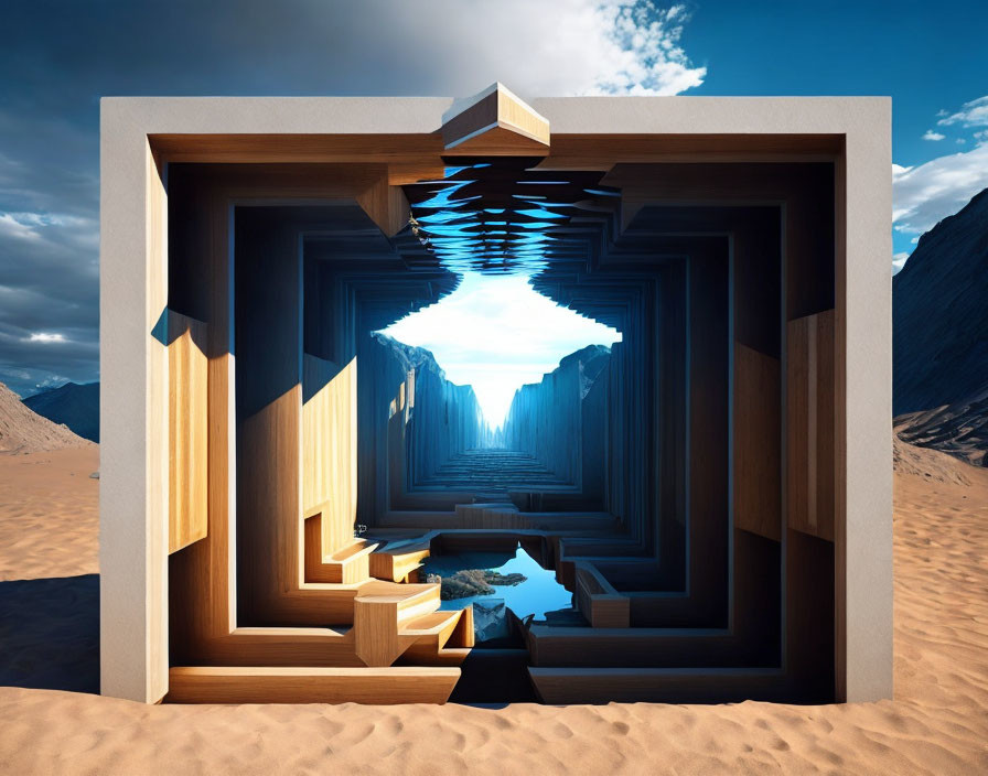 Surreal 3D artwork: Recursive cubic tunnel to desert oasis