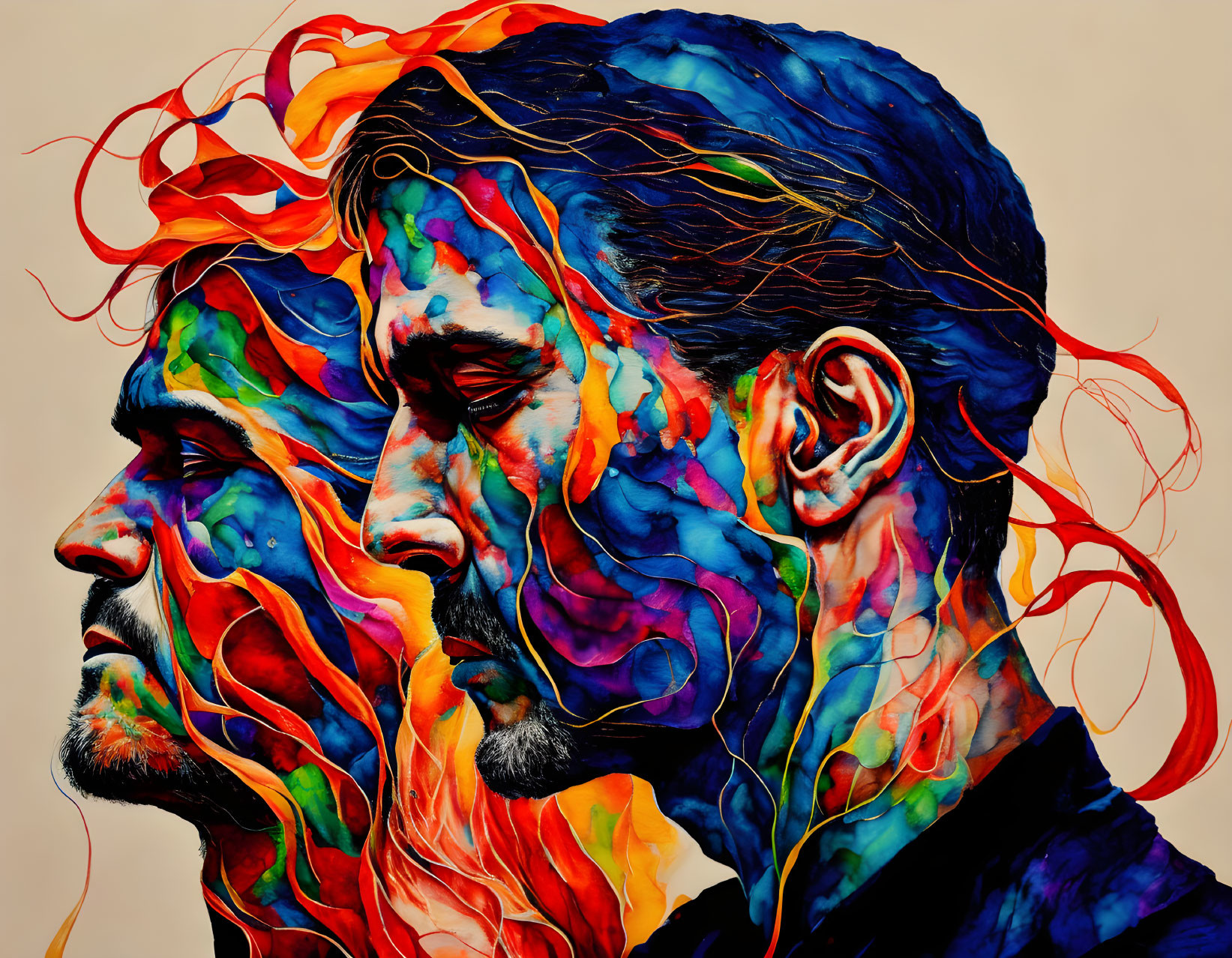 Colorful Profile Portraits with Swirling Patterns and Flowing Hair