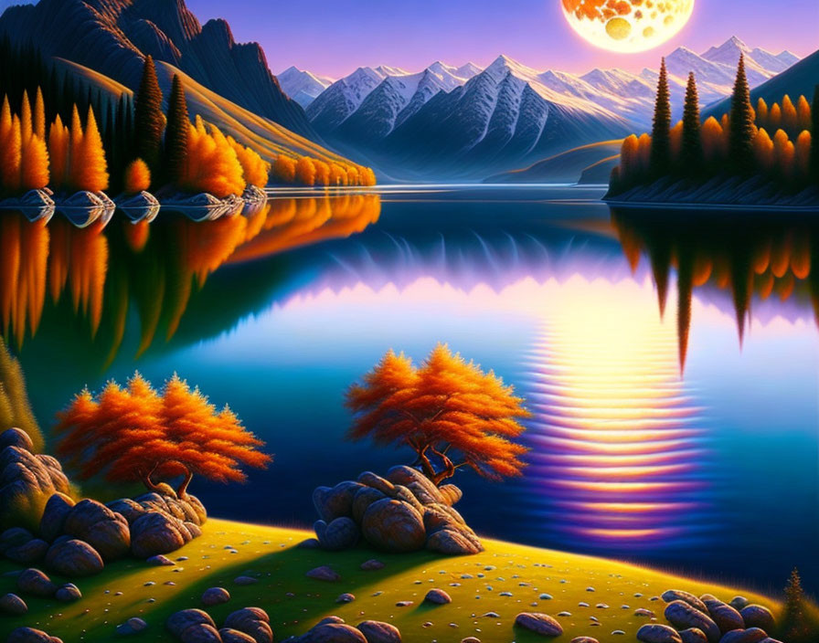 Scenic landscape: orange trees, serene lake, moonlit mountains