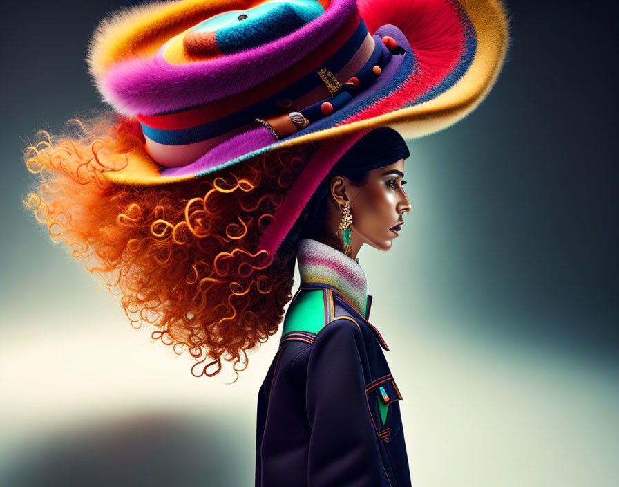 Voluminous Curly Red Hair Woman with Colorful Hats Portrait