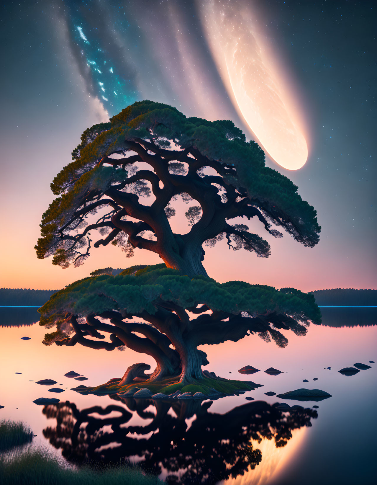 Majestic bonsai tree under twilight sky with comet reflection in water