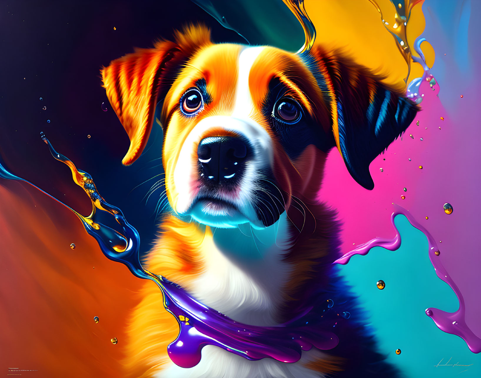 Colorful digital art: Puppy with vibrant, splashy background conveying innocence and whimsy