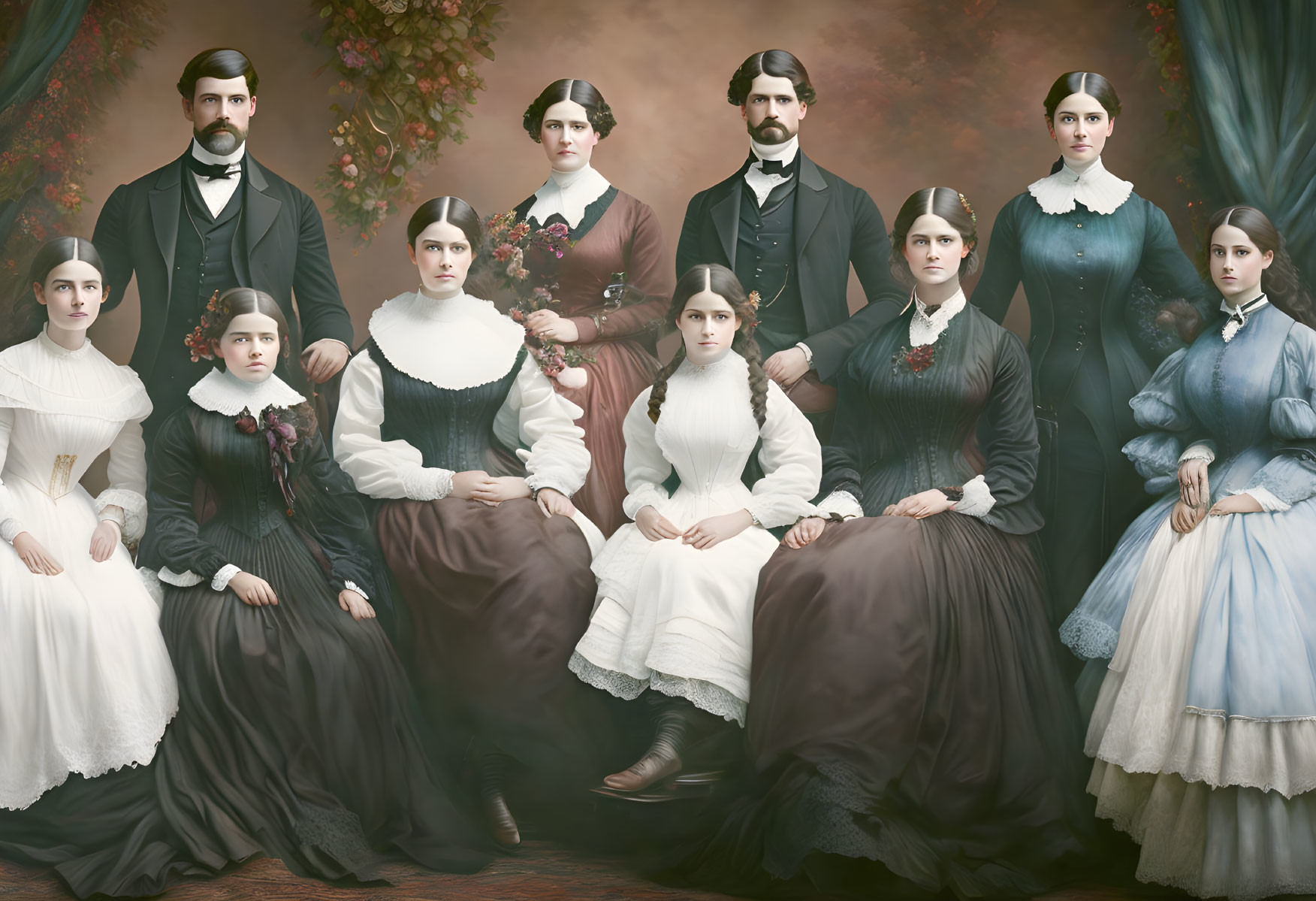 Group portrait of nine individuals in 19th-century attire.