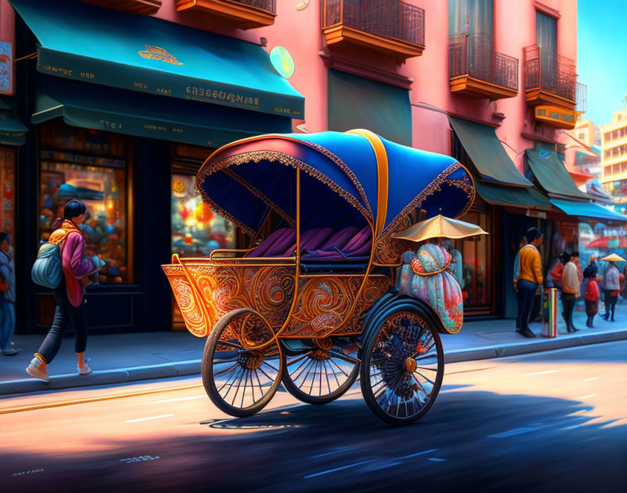 Ornate Decorated Rickshaw on Vibrant Street with Pedestrians and Colorful Buildings