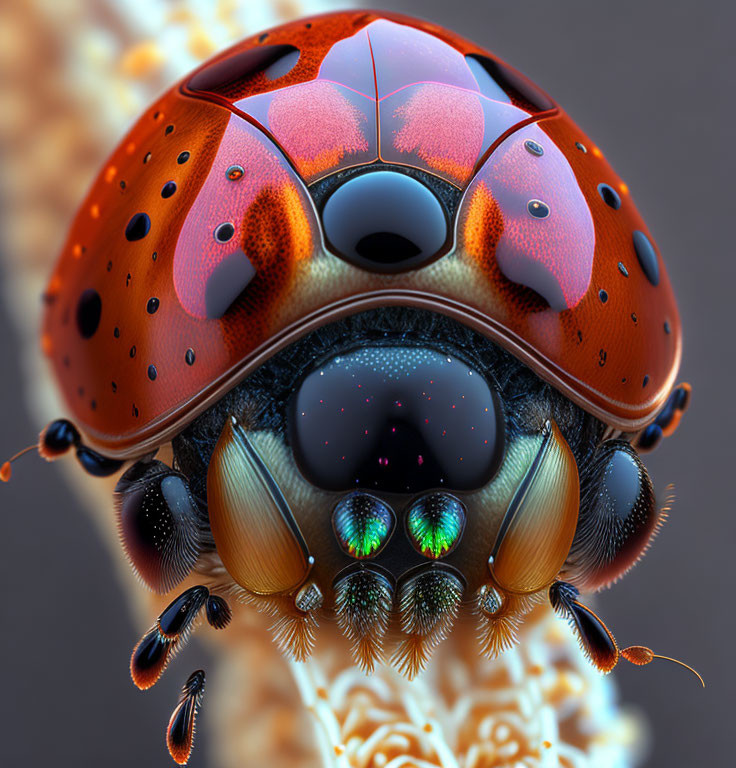 Detailed close-up of ladybug with textured elytra and compound eyes on blurred background