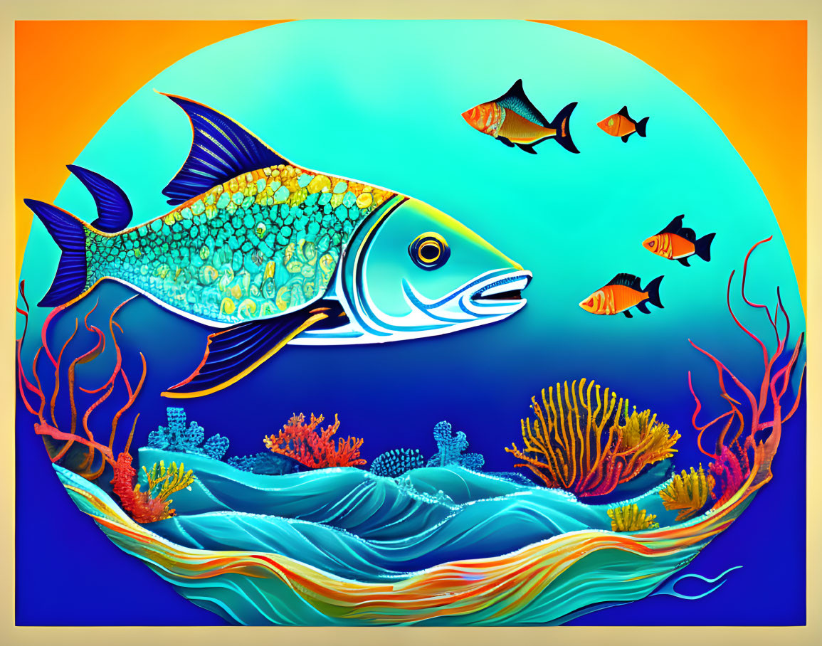 Colorful underwater digital artwork with large patterned fish, coral reefs, plants, and gradient backdrop.