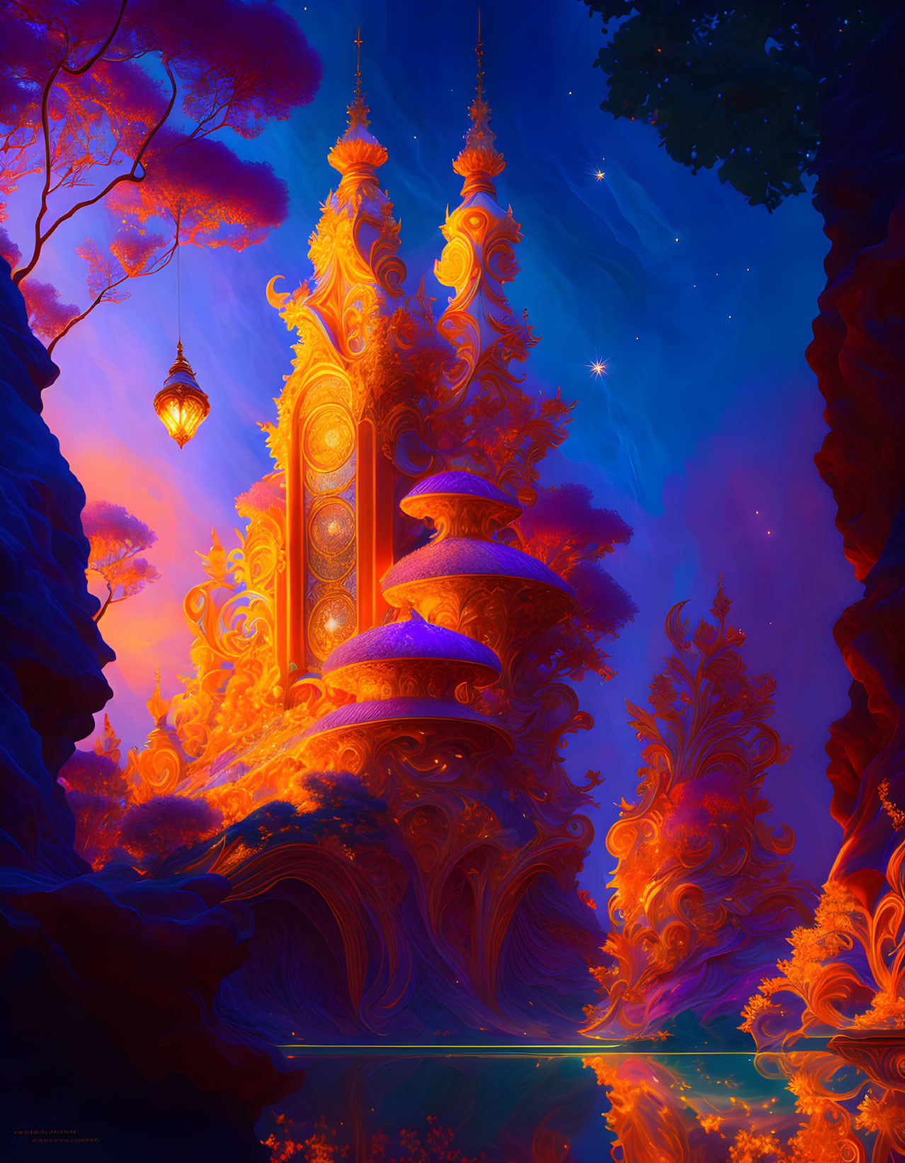 Luminous Orange and Purple Temple Amid Otherworldly Trees