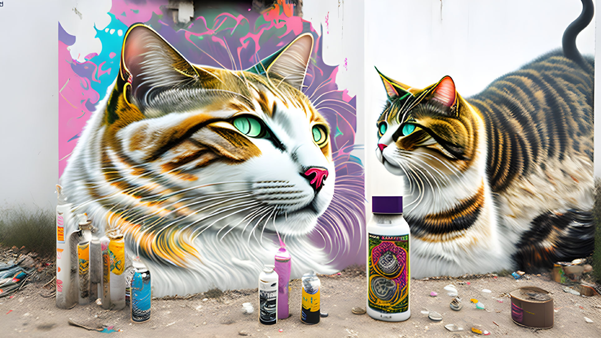 Hyper-realistic cats with spray paint cans against graffiti wall