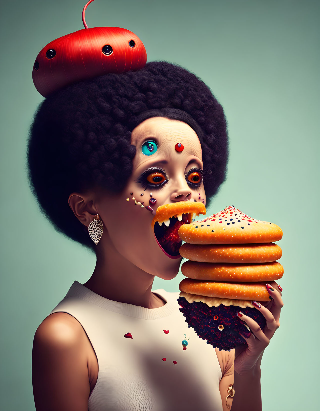 Surreal portrait featuring oversized eyes and lips with donuts and a red creature