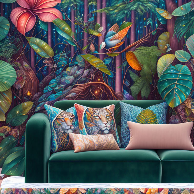 Colorful Tropical Wallpaper and Green Velvet Sofa with Tiger Face Pillows