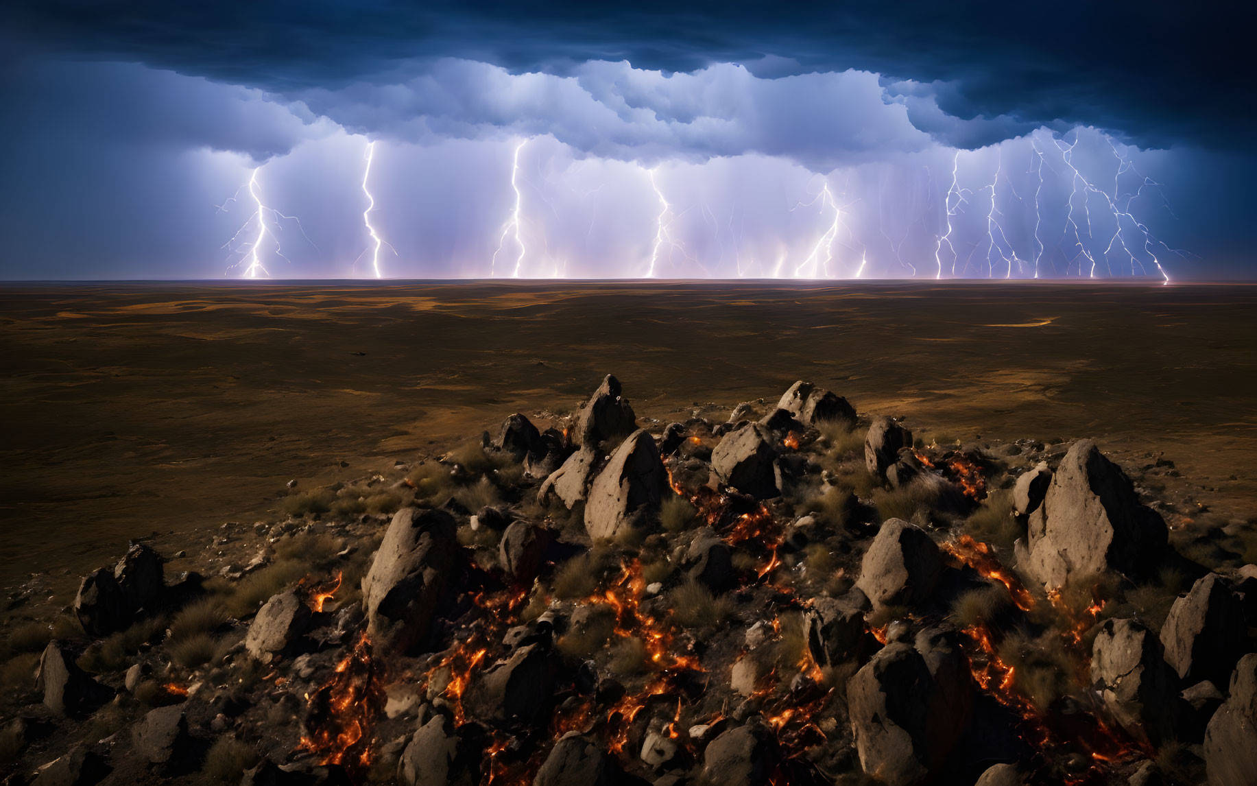 Dramatic lightning strikes in dark cloudy sky above vast plain