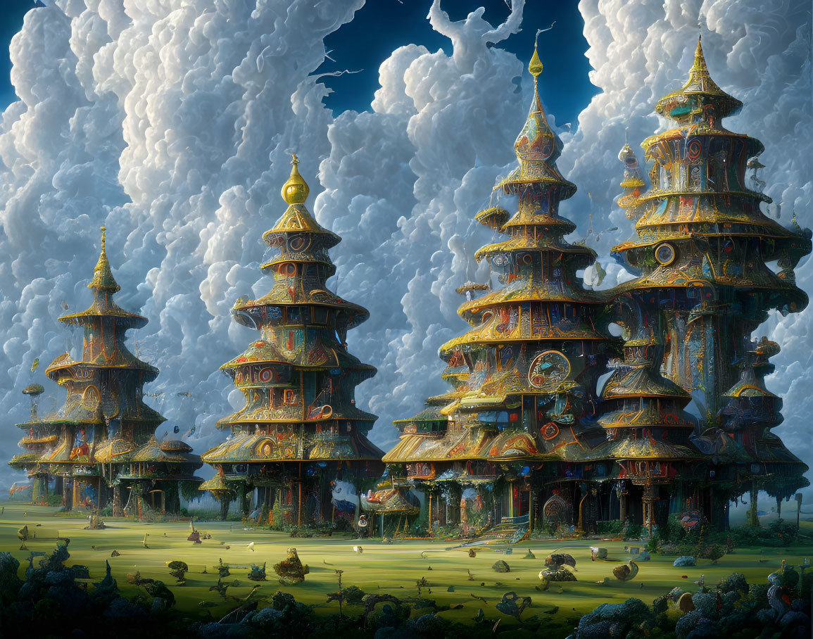 Towering Pagodas in Lush Landscape with Cumulus Clouds