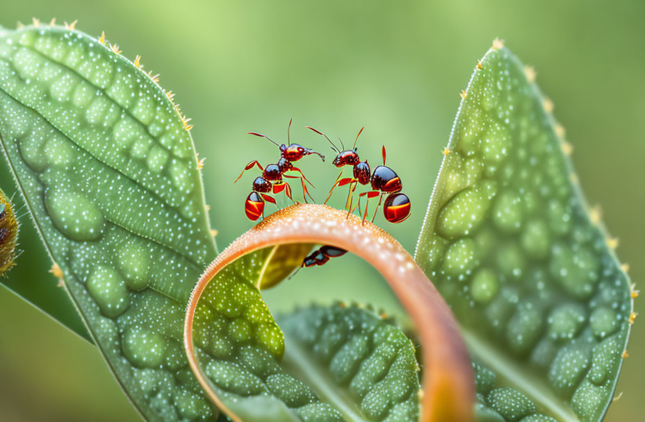 Red ants on green leaf with water droplets, one distinct ant with black markings, soft-focus background