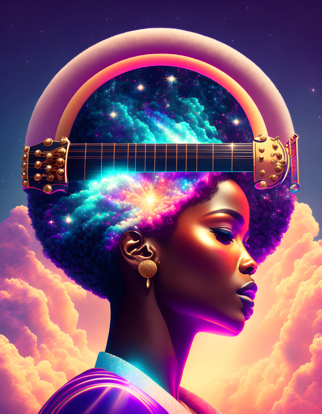 Surreal portrait of woman with afro and cosmic guitar against moonlit sky