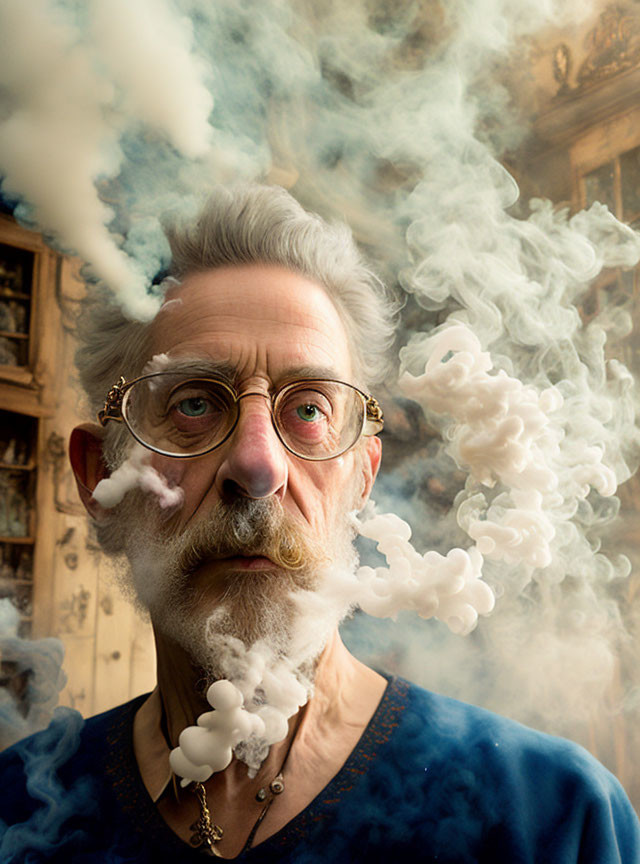 Elderly Man with Glasses and Mustache Surrounded by Whimsical Smoke Patterns