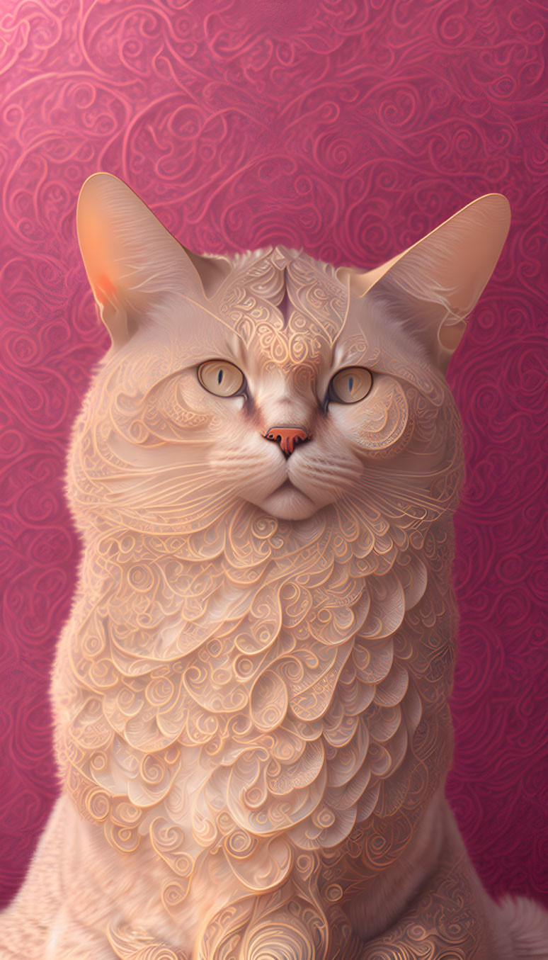 Stylized cat with intricate patterns on pink floral background