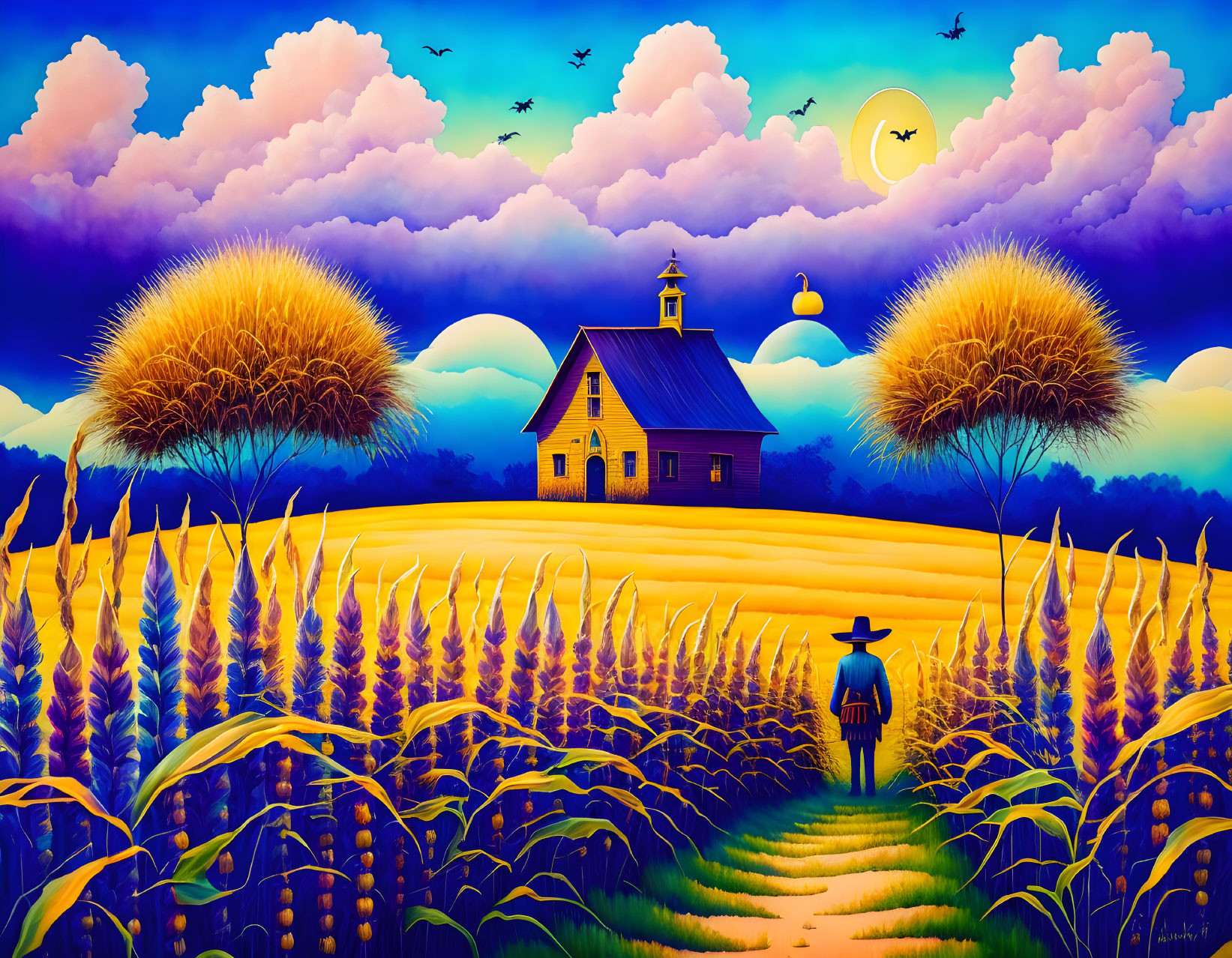 Vibrant painting of person walking to house in wheat field under purple sky