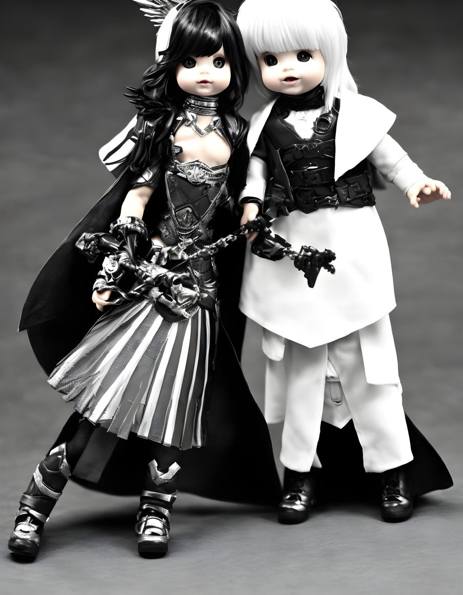 Stylized dolls in black and white outfits with weapons standing together