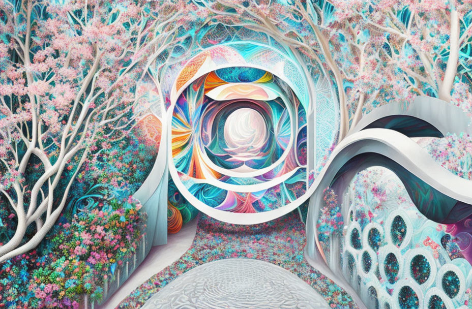 Colorful surreal landscape with floral trees and swirling patterns