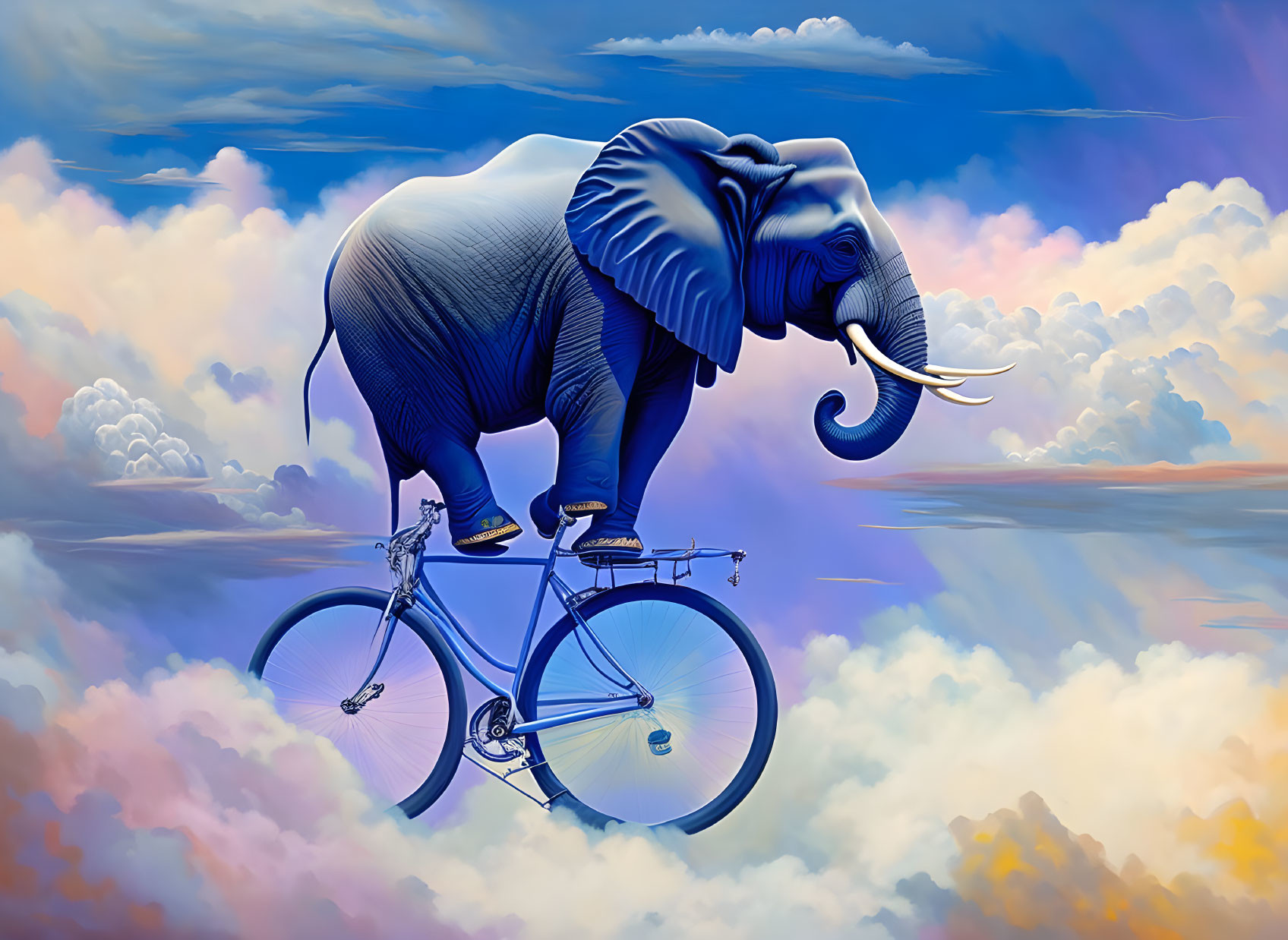 Whimsical elephant on bicycle in surreal sky