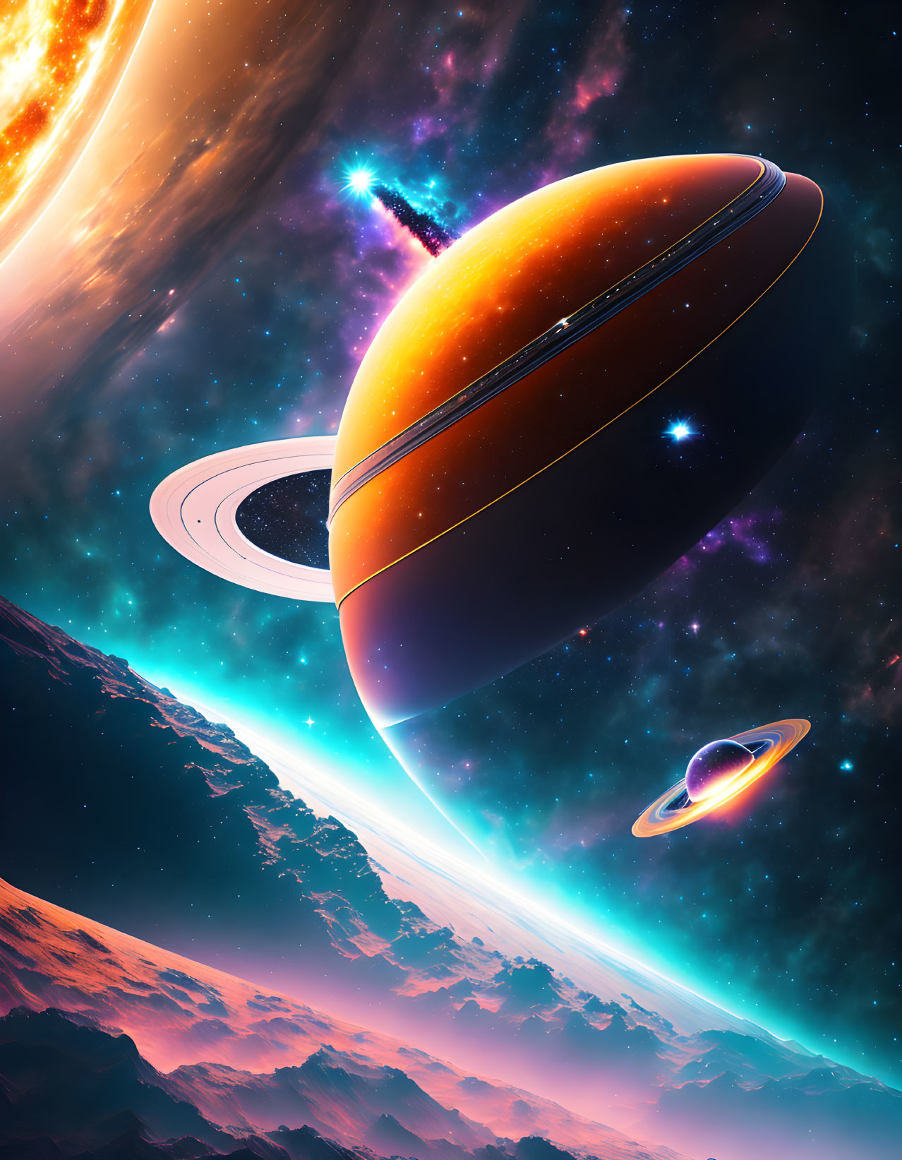 Vivid Space Illustration: Large Ringed Planet, Small Planet, Stars, Orange Celestial Body