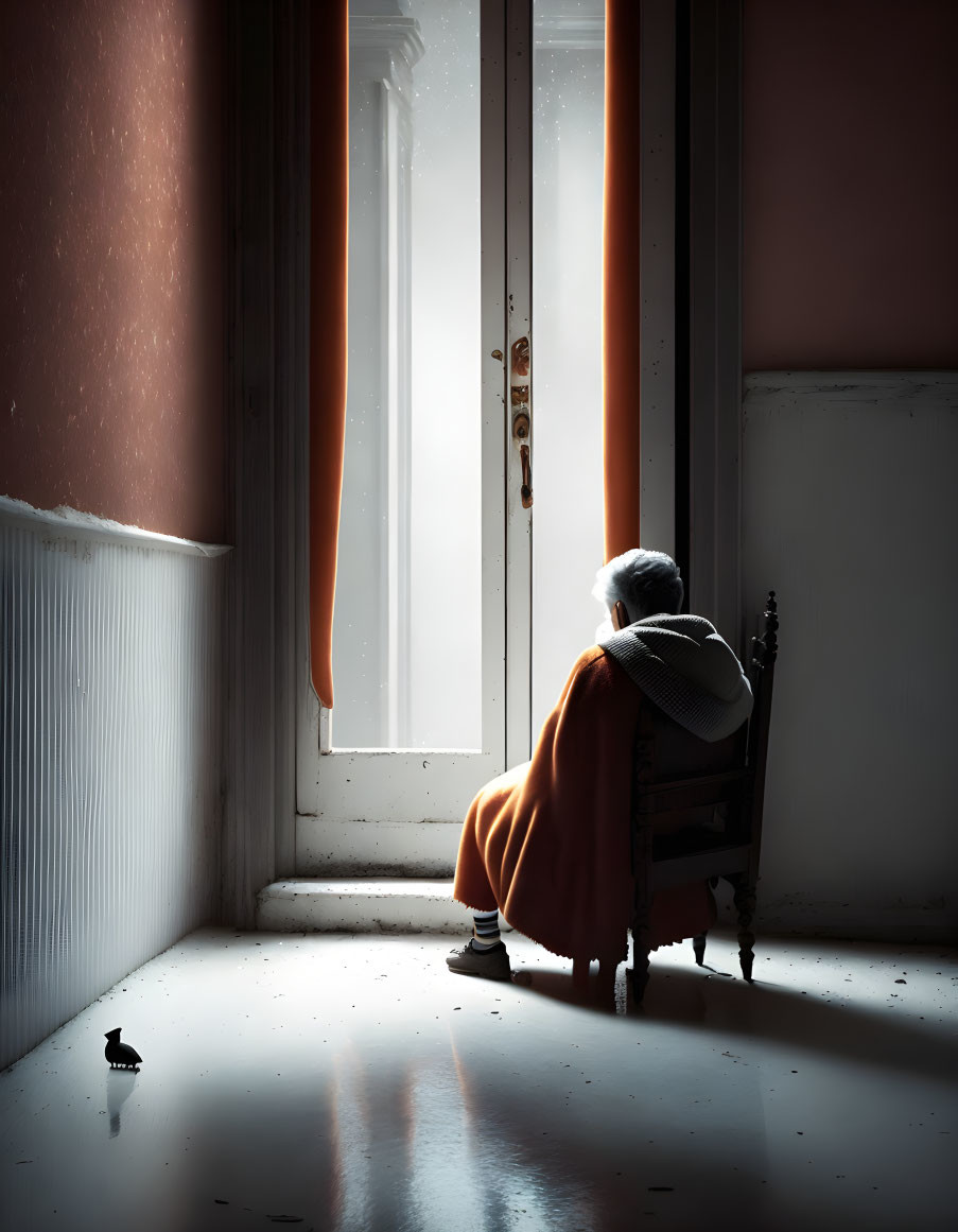 Person wrapped in orange blanket sits by window with bird nearby