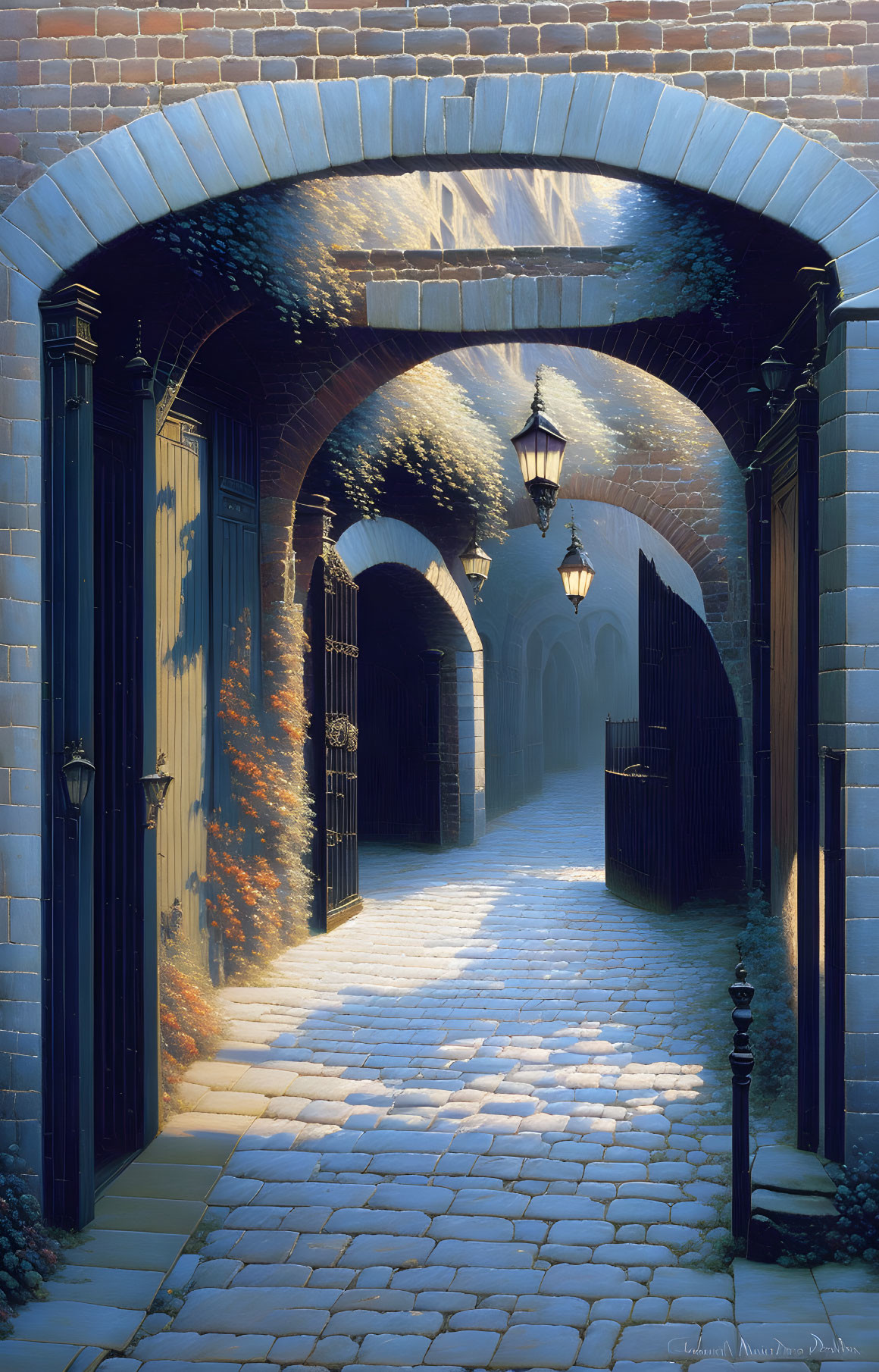 Stone tunnel with sunlight, cobblestone path, lanterns, and doors.