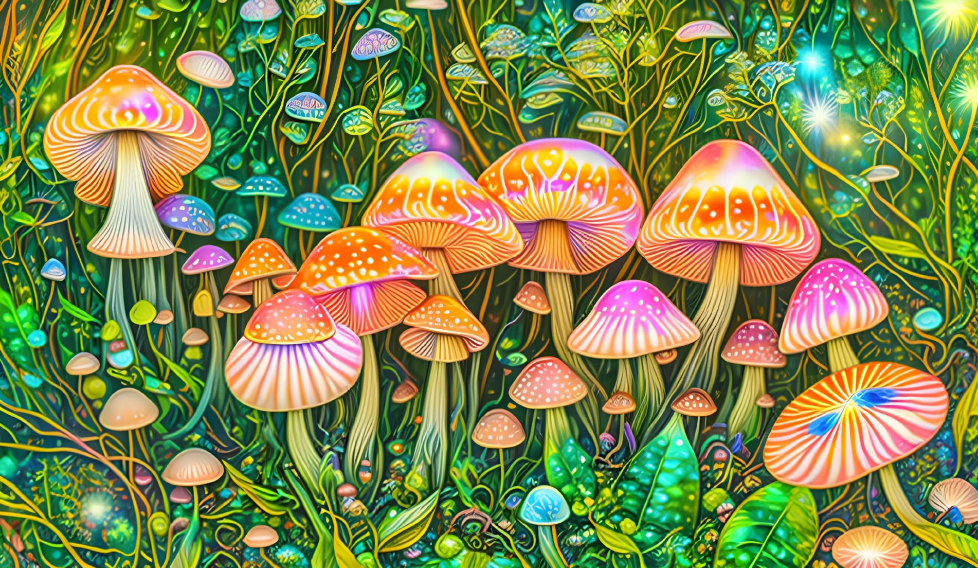 Colorful Mushrooms in Psychedelic Forest Undergrowth