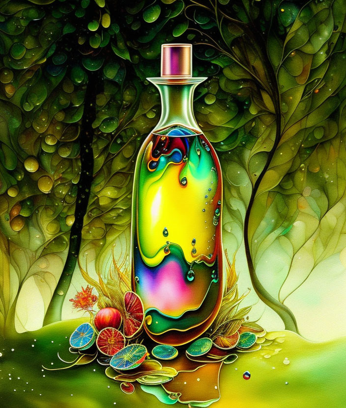 Vibrant illustration of glass bottle with citrus slices and water droplets