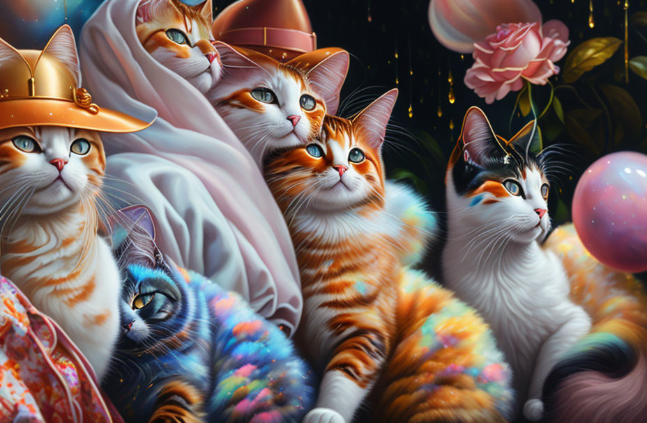 Colorful Cats in Hats Surrounded by Cosmic Elements and Flowers