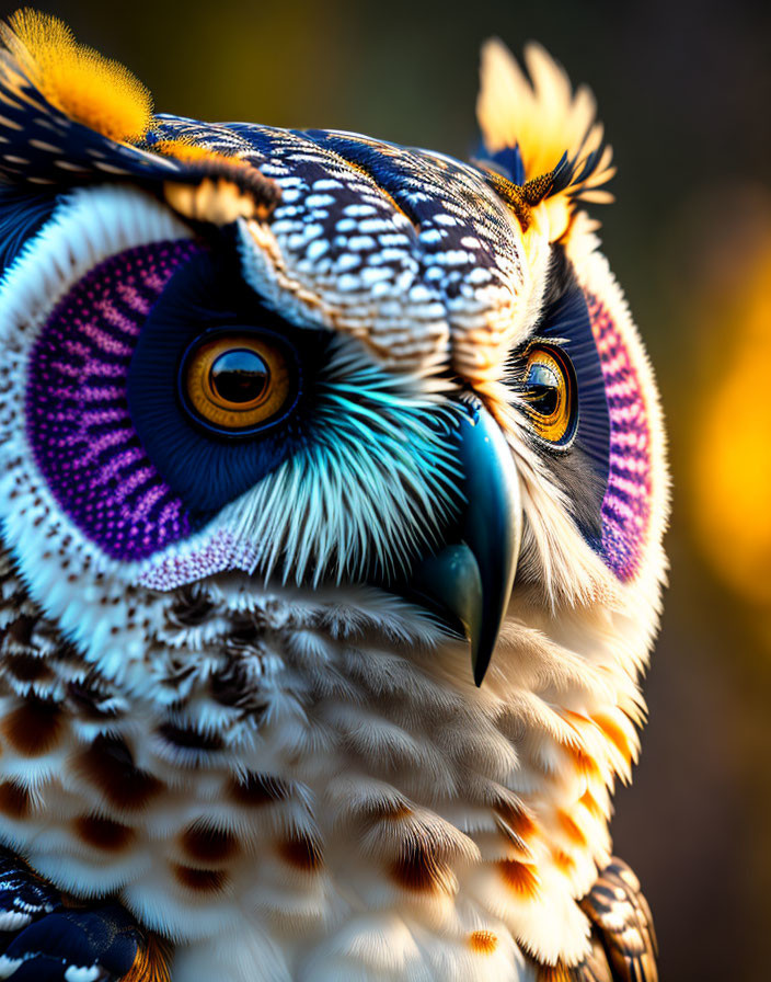 Colorful Stylized Owl Close-Up with Purple and Blue Feathers