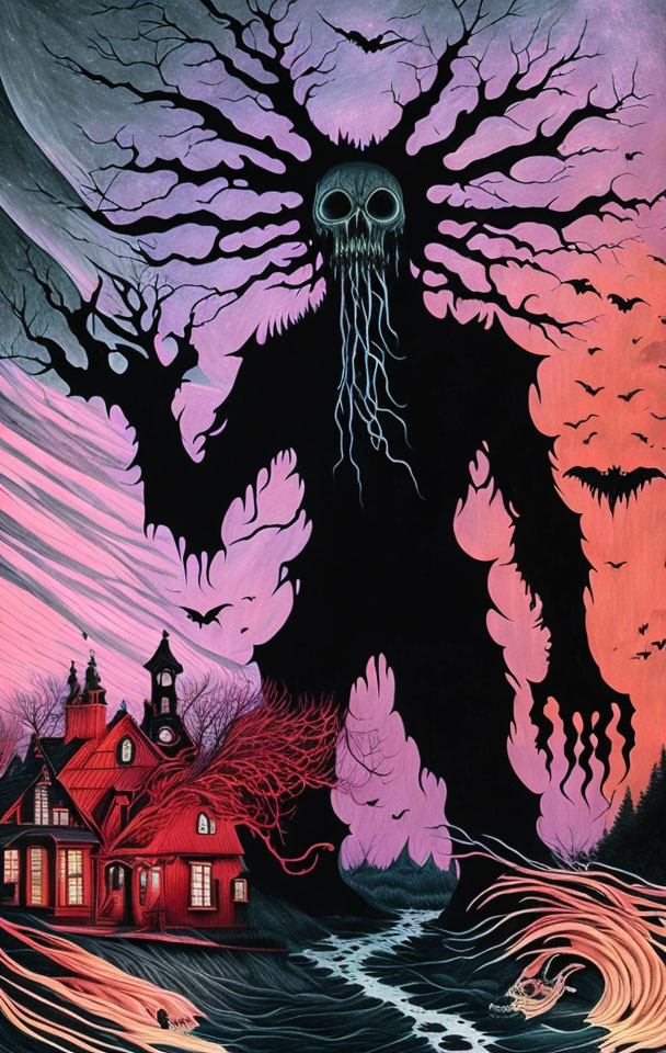 Dark and eerie house artwork with skull-like shapes and swirling patterns