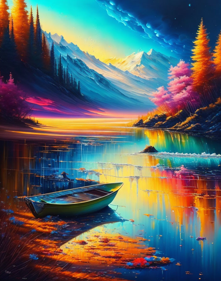 Colorful Mountain Landscape Painting with Reflective Lake & Boat