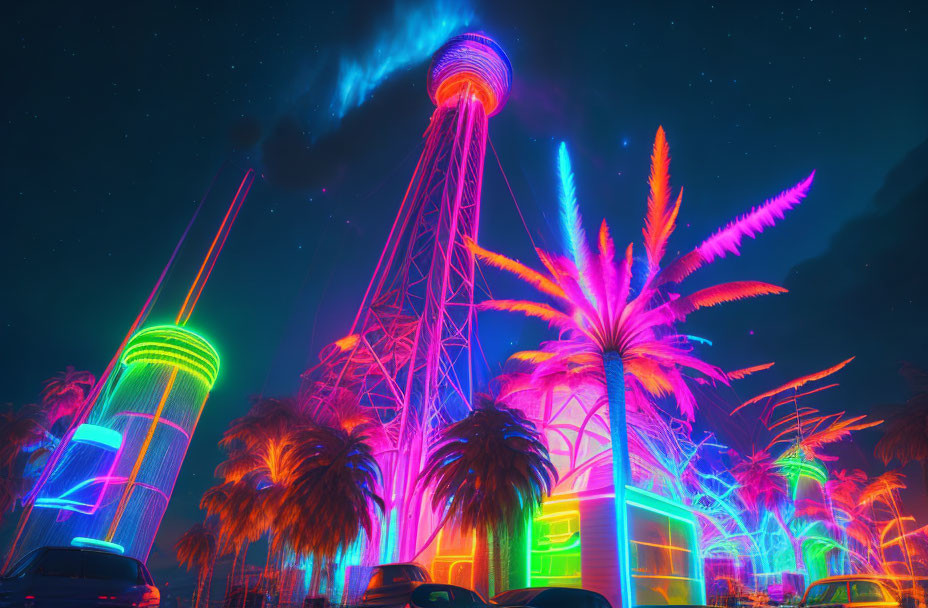 Neon-lit cityscape with palm trees and wispy clouds