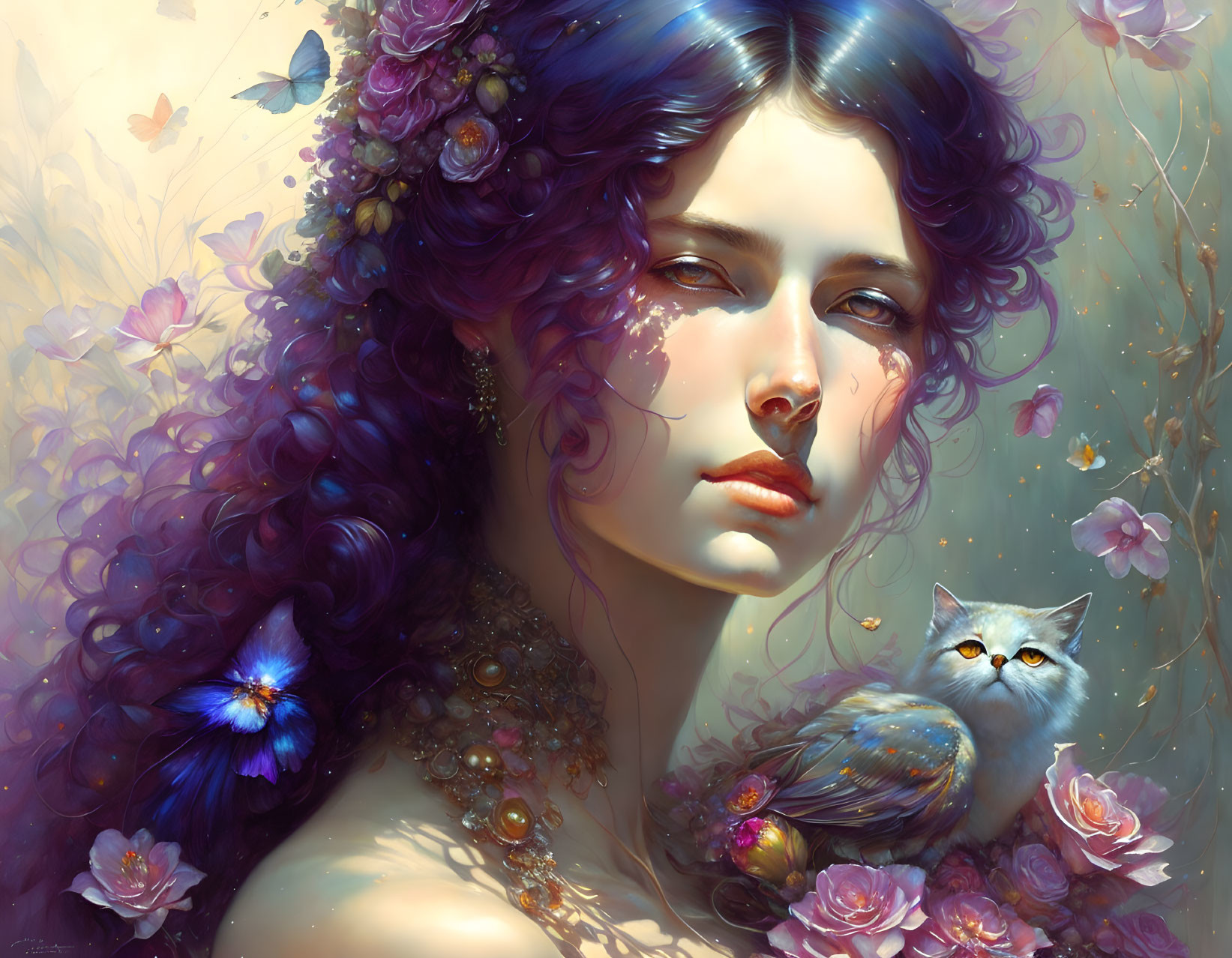 Fantasy portrait: Woman with violet hair, flowers, owl-like creature, butterflies, blooming flora