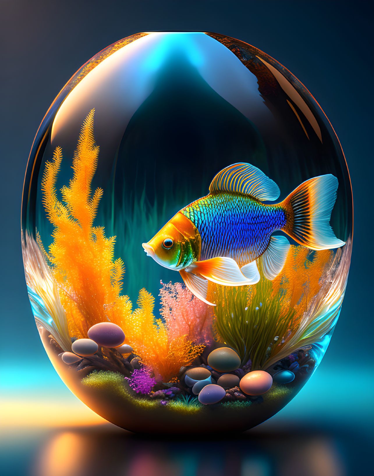 Colorful Fish Swimming in Egg-shaped Aquarium with Coral and Pebbles