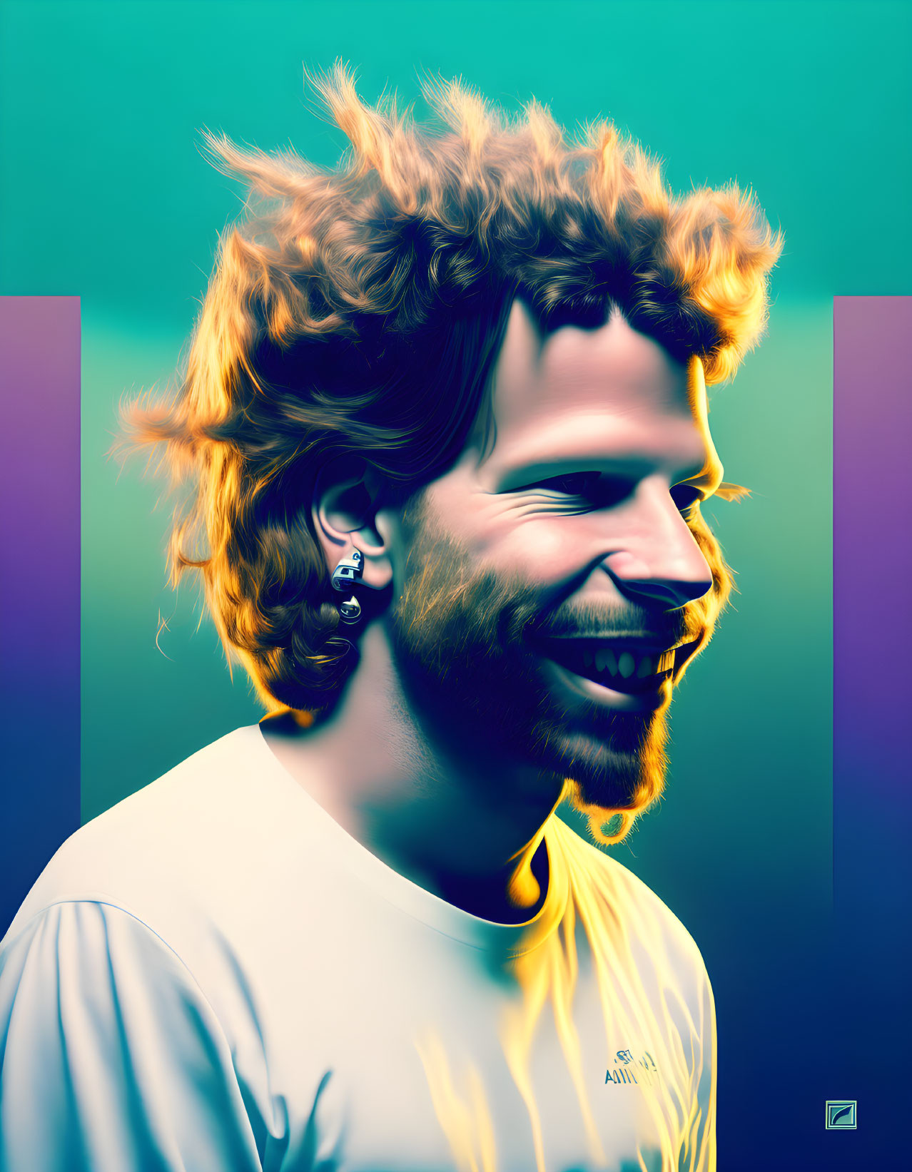 Smiling person with curly hair and earring on blue-green gradient background