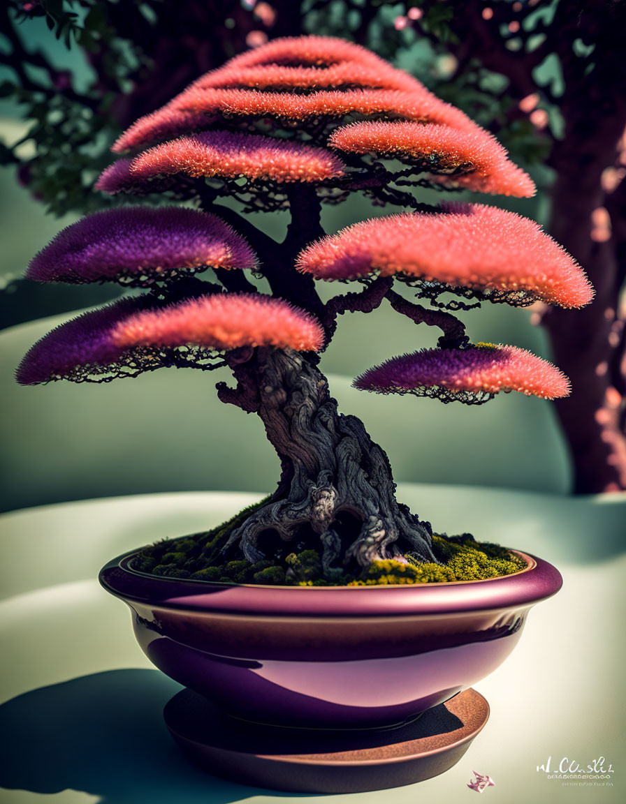 Stylized digital artwork of vibrant bonsai tree in brown pot