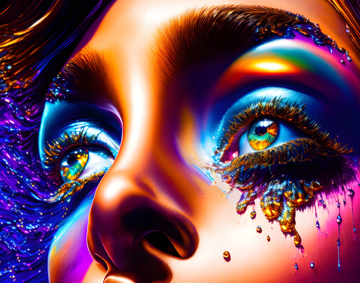 Hyper-realistic woman's face with vivid colors and detailed eyes.