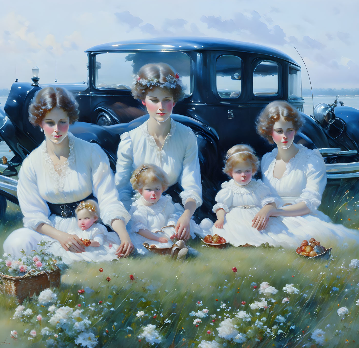 Four Women and Two Children in White Dresses with Vintage Car in Nostalgic Setting