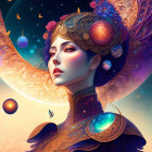 Cosmic-themed surreal portrait of a woman with ornate details