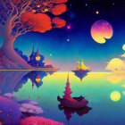 Colorful Fantasy Landscape with Reflective Water & Whimsical Elements