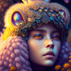 Digital portrait: person with luminous blue eyes, golden bejeweled headdress, purple cloak