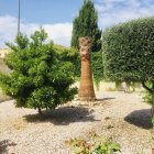 Tranquil garden with cypress trees, waterways, and vibrant plants